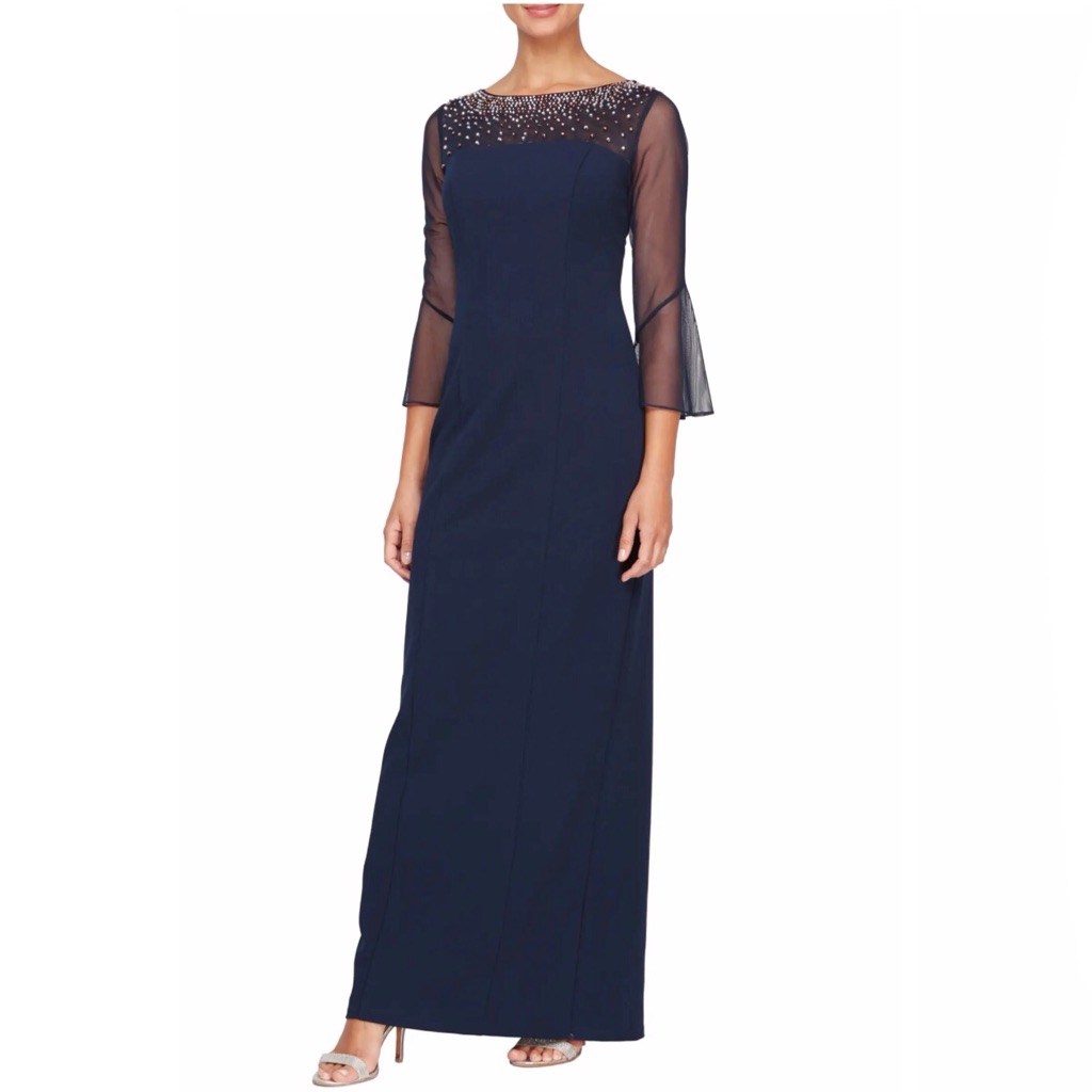 Alex Evenings Bead Embellished Blue Gown Illusion Crepe Maxi Dress Size 4